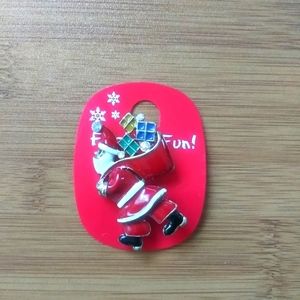 Santa Claus Christmas Brooch Red Enamel Toy Bag Rhinestone New